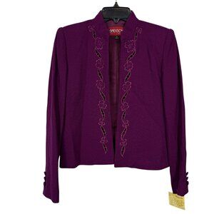 Vintage Sasson Wool Blazer Jacket Size 4 Purple Embroidered Open Front Classic